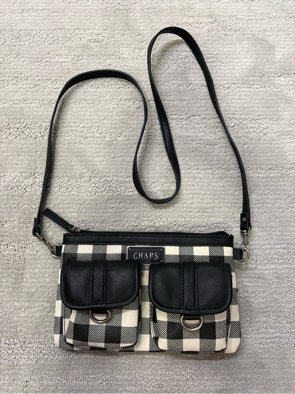 Chaps Convertible Clutch Buffalo Plaid Gingham Boho Preppy Retro Black Cream